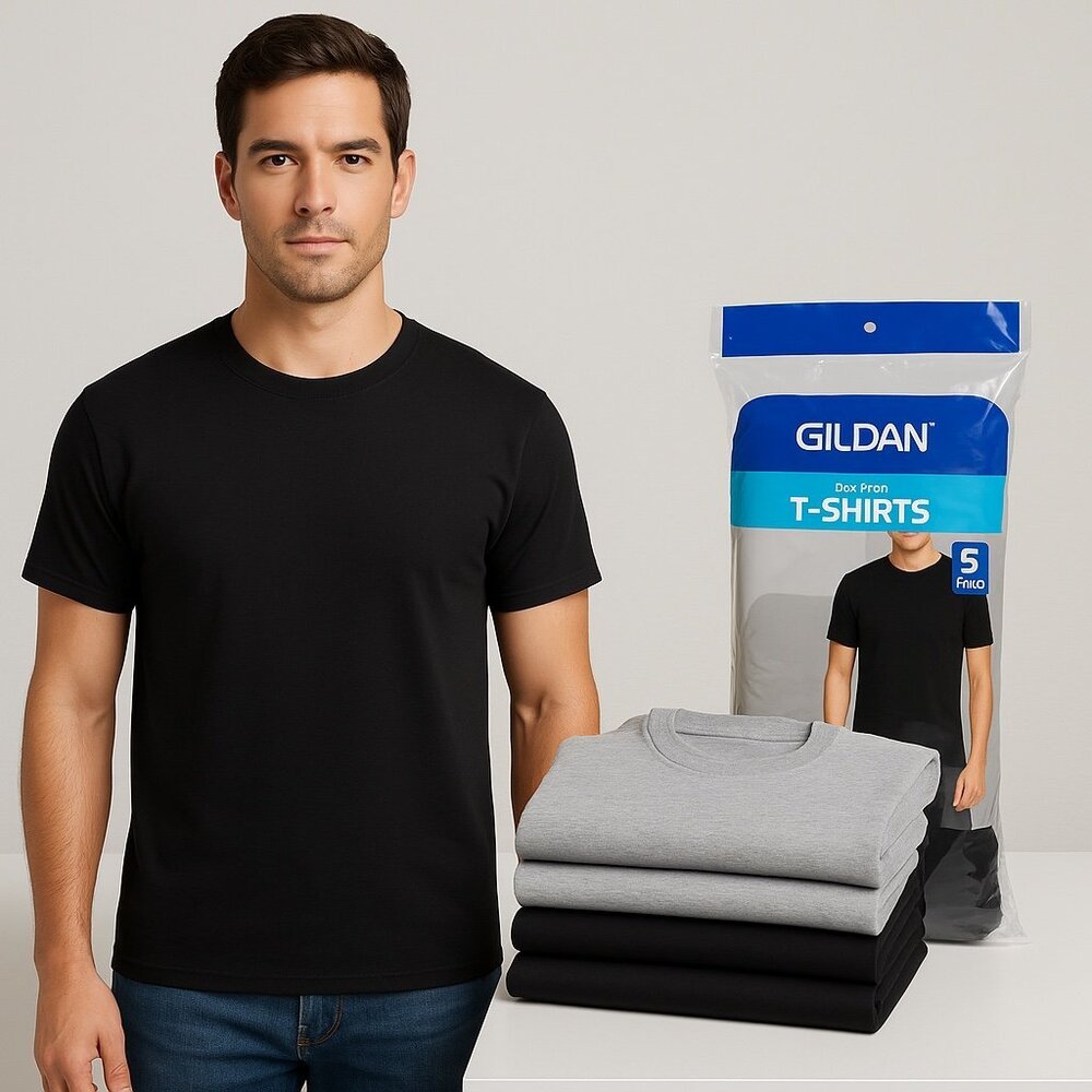 Gildan Men’s Tag-Free Crew Neck T-Shirts 5-Pack – Size Large, Black & Gray